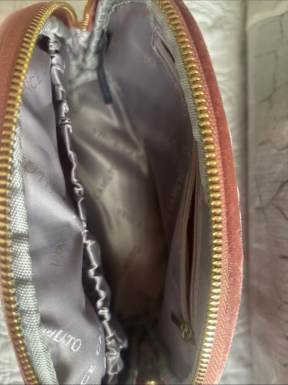 Vince Camuto Quilted Velvet Cosmetic Pouch in Dusty Rose with Gold Plate